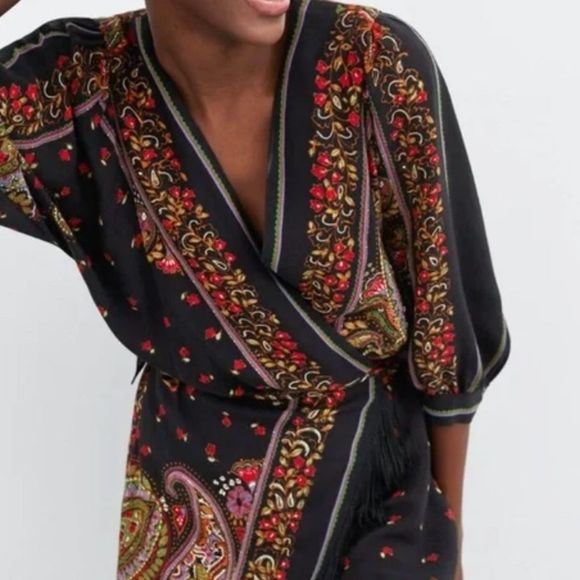 Zara Black and Red Paisley Wrap Dress - Picture 5 of 7